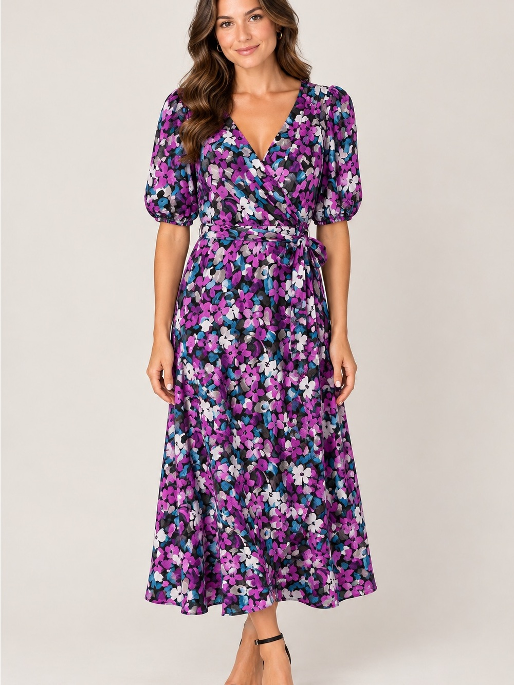 Dkny Purple Floral Wrap Midi Dress